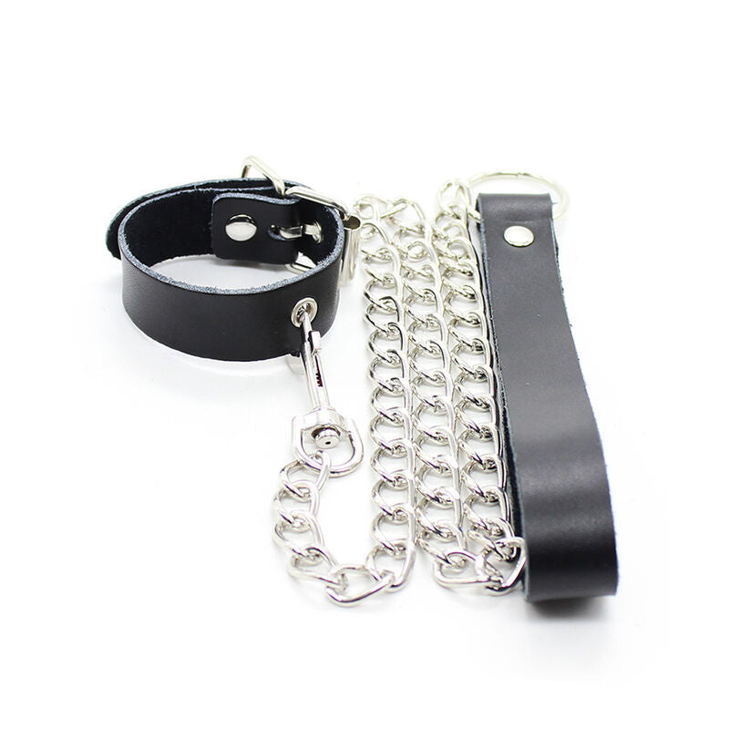 OHMAMA FETISH COLLIER PENIS ET BRACELET EN CUIR AVEC CHAINE METALLIQUE