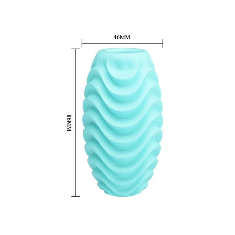 Schéma coté de l'œuf masturbateur turquoise : 86 mm de haut, 46 mm de large