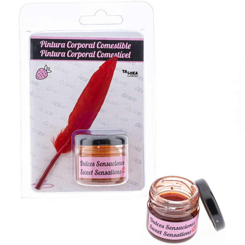 Pot de peinture corporelle comestible Taloka à la fraise avec plume rouge.