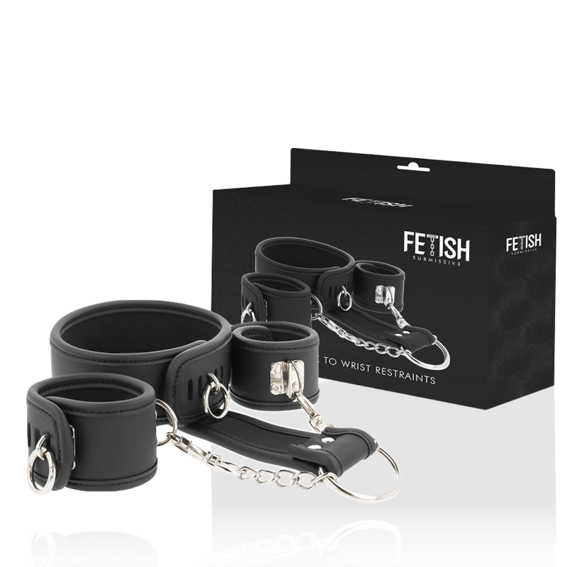 FETISH SUBMISSIVE COLLIER ET MENOTTES EN CUIR VEGAN AVEC DOUBLURE EN NOPRENE