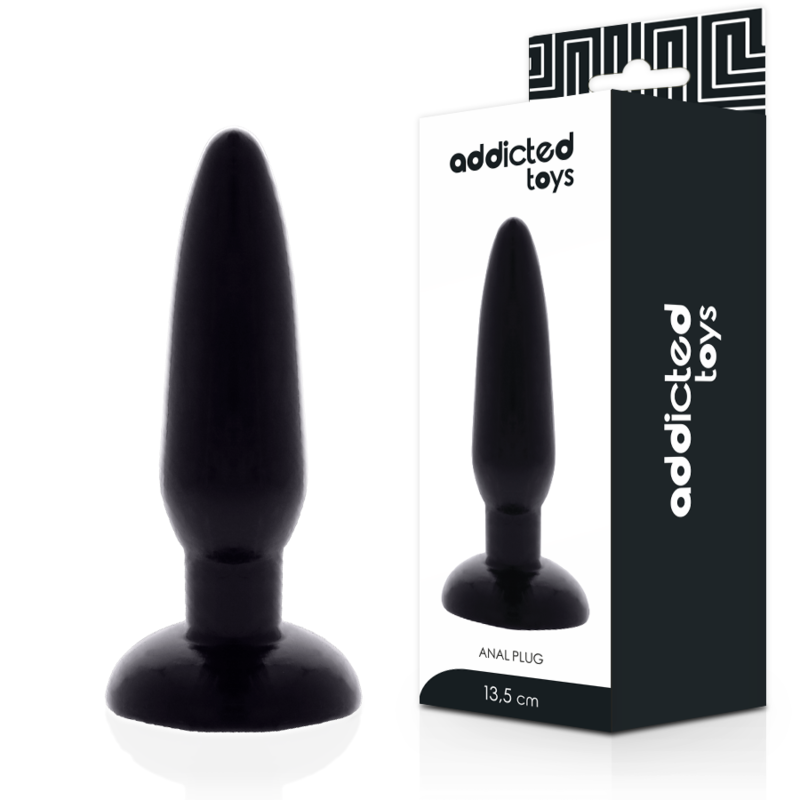 Plug anal noir Addicted Toys 13,5 cm en jelly souple, posé devant sa boîte