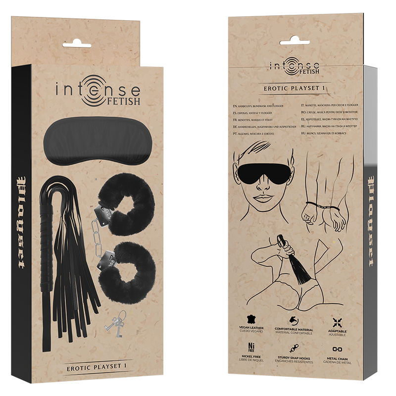 INTENSE FETISH PLAYSET EROTIQUE 1 AVEC MENOTTES MASQUE AVEUGLE ET FLOGGER
