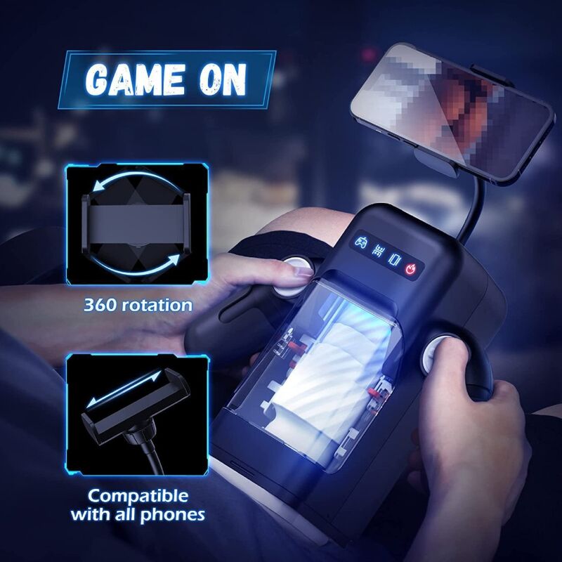 Game Cup tenu à deux mains avec téléphone sur son support et illustration de l'orientation à 360°