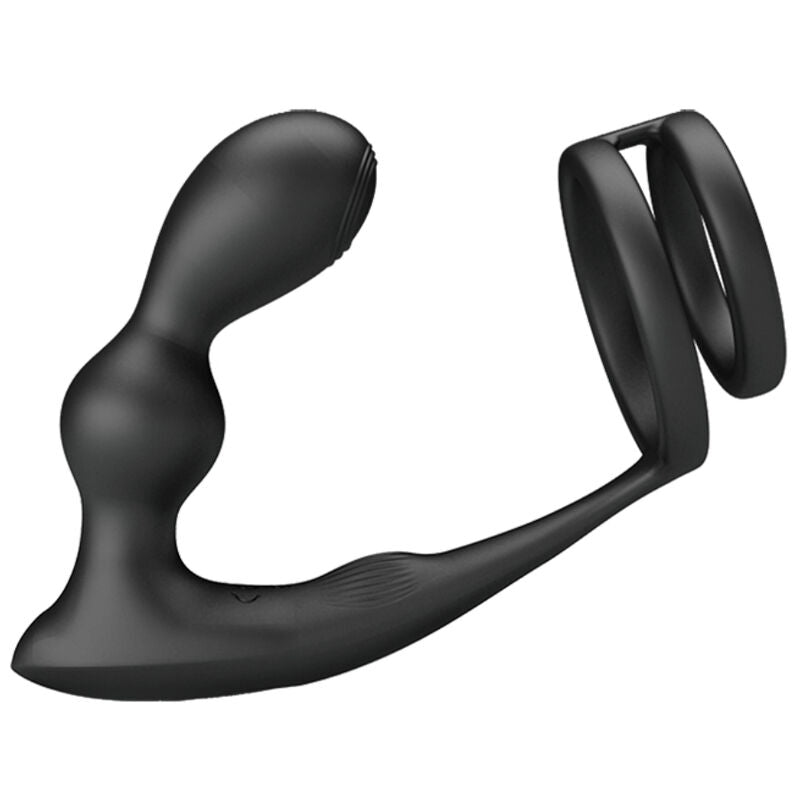 Cockring double anneau + masseur prostatique vibrant télécommandé — gros plan