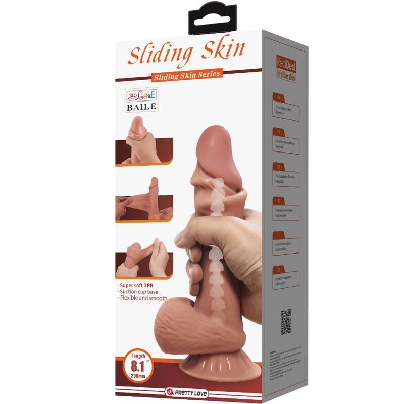 Gode réaliste peau coulissante 19,4 cm avec testicules — emballage