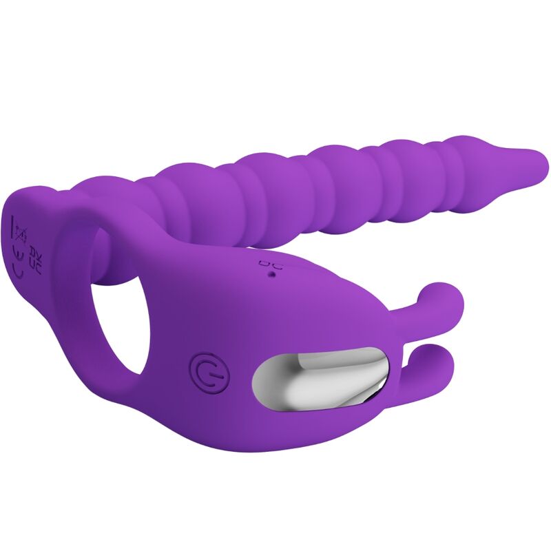 Cockring vibrant avec plug anal spiralé 7 modes — gros plan