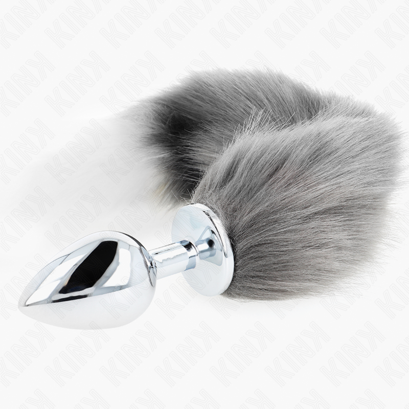 KINK PLUG ANAL TAILLE L 10 X 4 CM AVEC QUEUE SYNTHETIQUE 40 CM GRIS ET BLANC