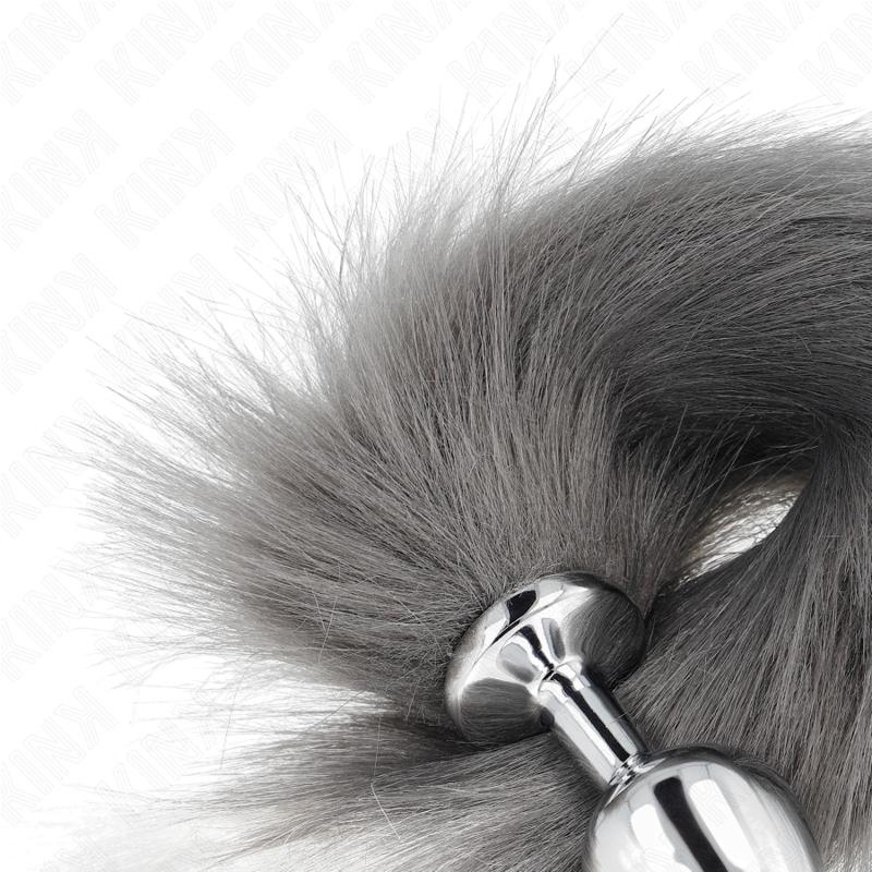 KINK PLUG ANAL TAILLE M 8 X 35 CM AVEC QUEUE SYNTHETIQUE 40 CM GRIS ET BLANC