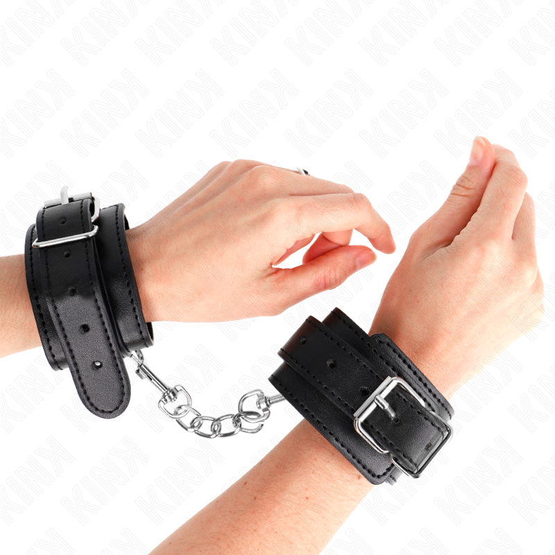 Menottes poignets bondage fines simili cuir noir en Cuir végan noir vu de face