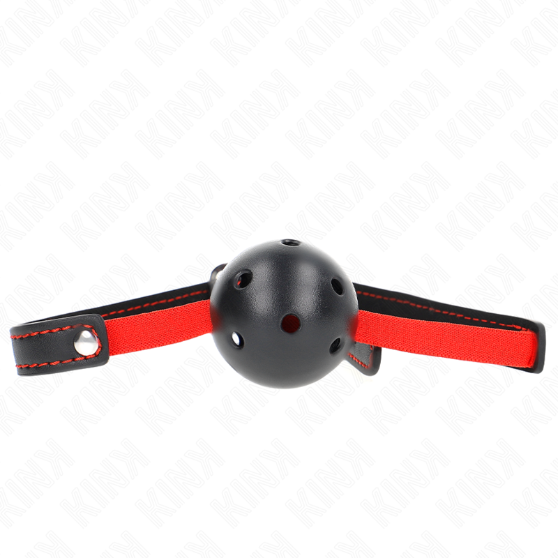 Bâillon à boule noire ajourée avec partie élastique rouge et sangle noire