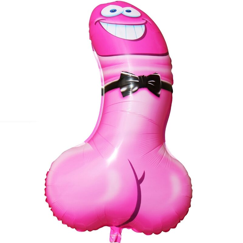 Pink smiling penis-shaped balloon with a bow tie.