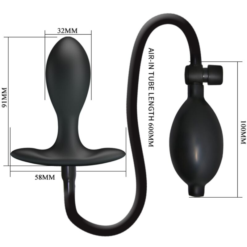 Schéma coté du plug gonflable : 91 mm de haut, tête de 32 mm, base de 58 mm, tube de 600 mm