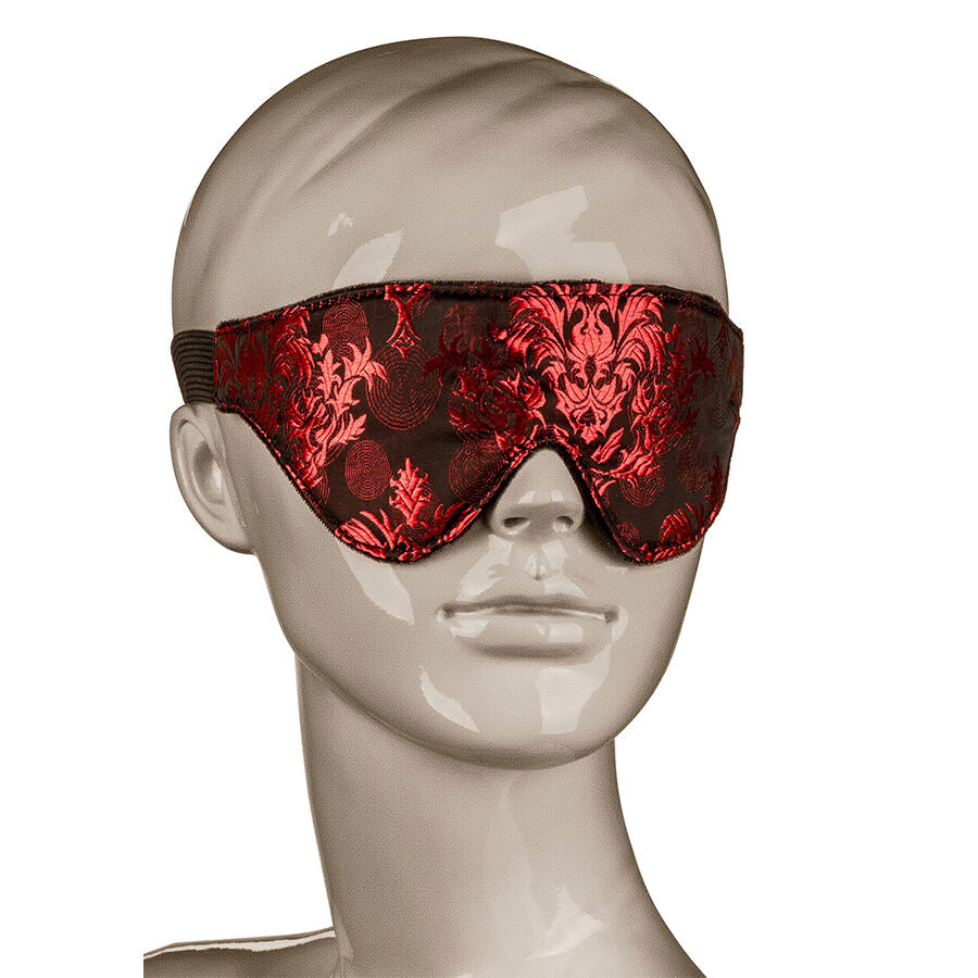 Masque BDSM broderie baroque rouge et noir — vue de profil