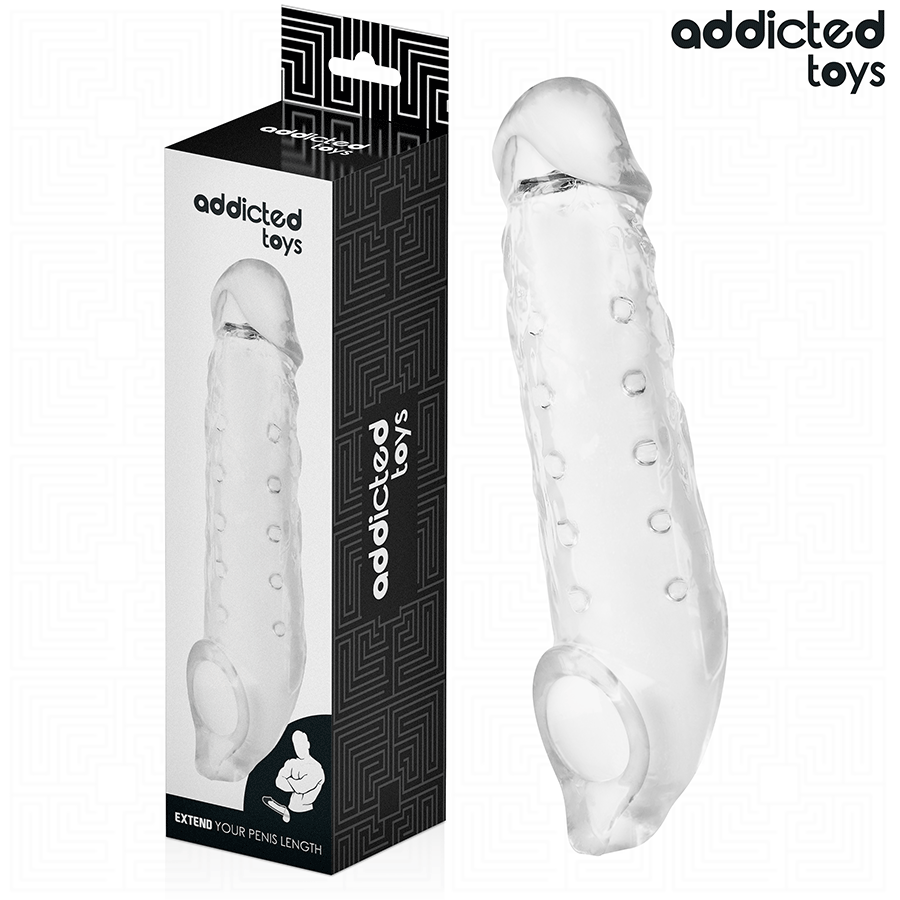 Gaine pénis Addicted Toys Gaine pénienne transparente texturée — 27 cm en ABS vu de face