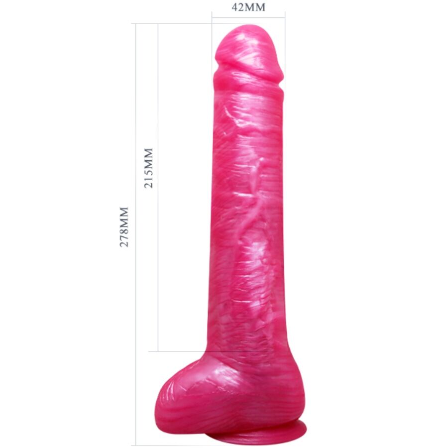 Schéma coté du gode rose : 27,8 cm au total, 21,5 cm insérables, 4,2 cm au gland