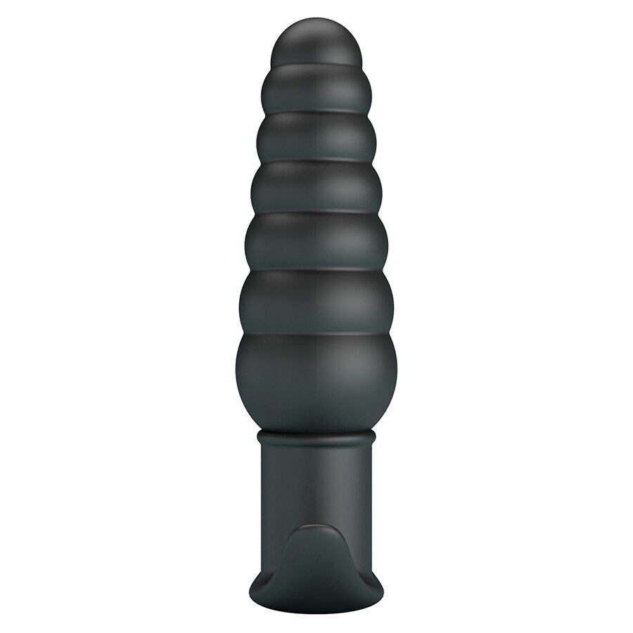 Plug anal vibrant silicone nervuré 11 cm base T-stop — gros plan