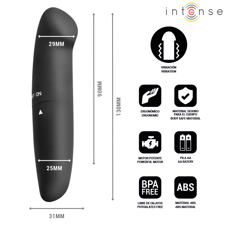 Schéma du Phil noir : longueur totale 130 mm, largeur maximale 31 mm et caractéristiques ABS et pile AA