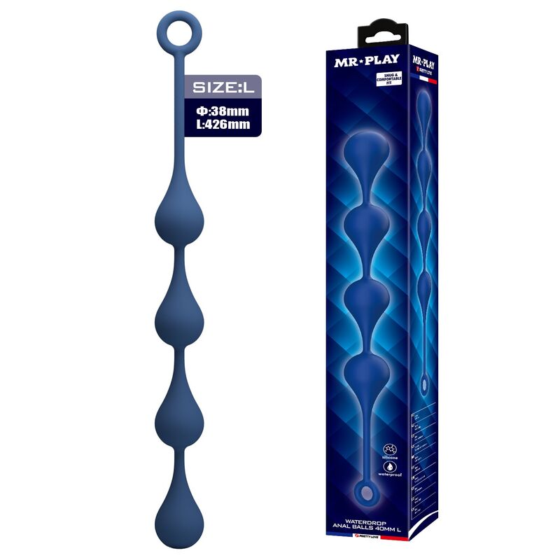 Chapelet anal Waterdrop L bleu avec sa boîte MR PLAY, quatre perles en goutte espacées et anneau