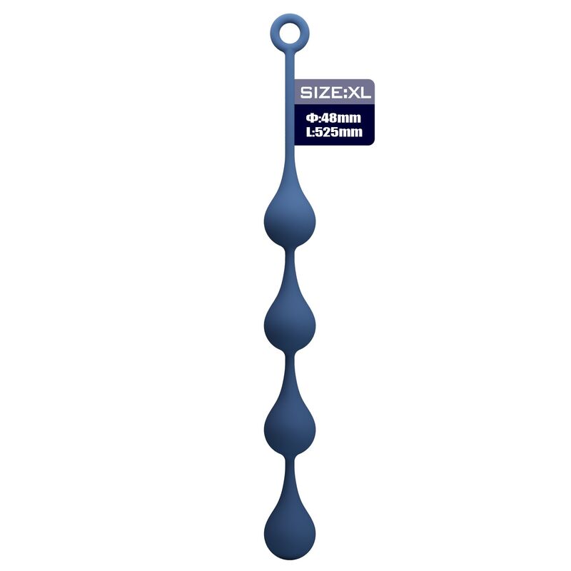 Vorderansicht: blaue Waterdrop XL Analkette, vier weit auseinanderliegende Tropfenperlen und Ring