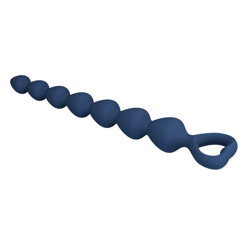 Chapelet anal bleu à 7 perles souplesse du silicone montrée en main