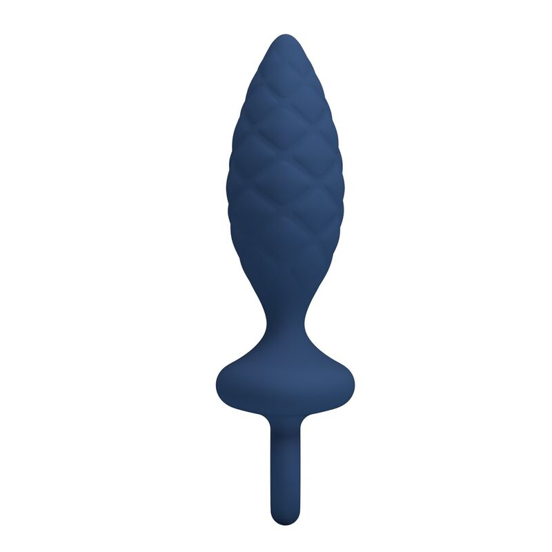 Plug anal texturé à anneau M bleu vue arrière et forme de la base