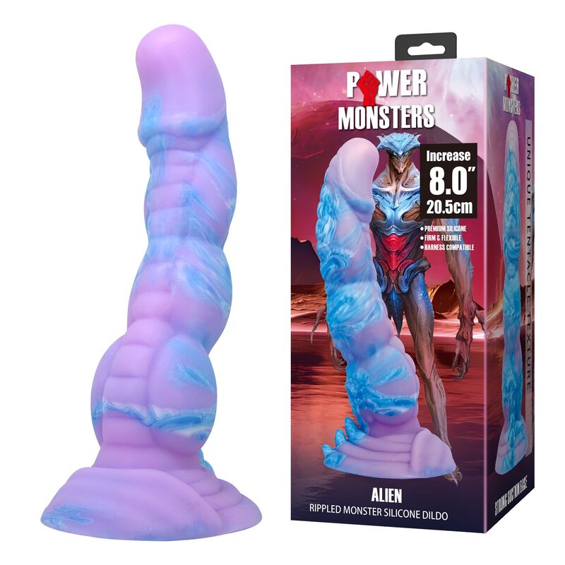 Boîte Power Monsters Alien et le gode lilas debout sur sa ventouse