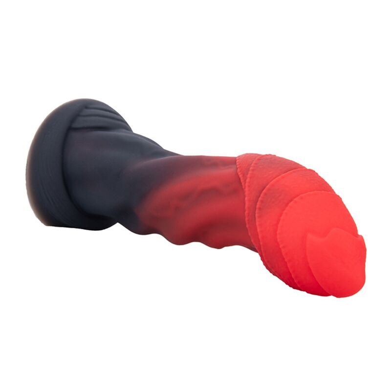 Gode monstre Goliath Infernal en silicone rouge et noir, couronne à plaques et base ventouse