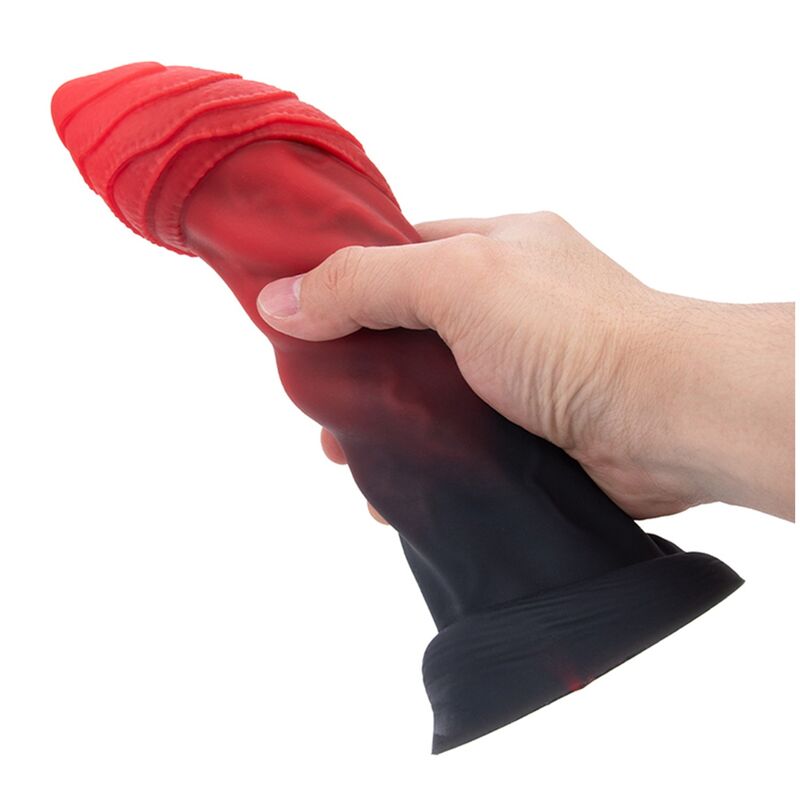Gode monstre Goliath Infernal en silicone rouge et noir, couronne à plaques et base ventouse