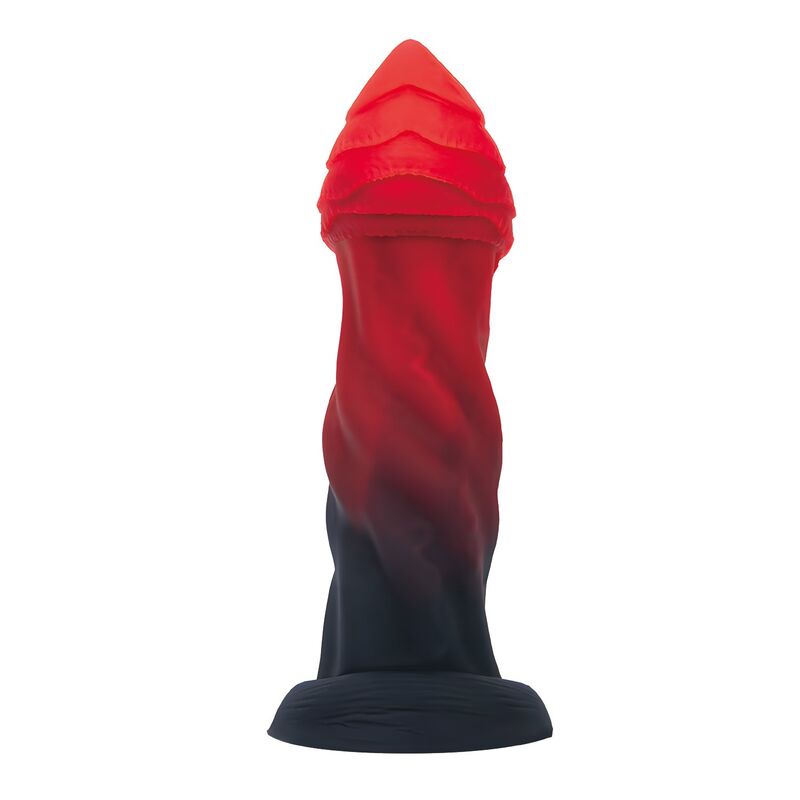 Gode monstre Goliath Infernal en silicone rouge et noir, couronne à plaques et base ventouse