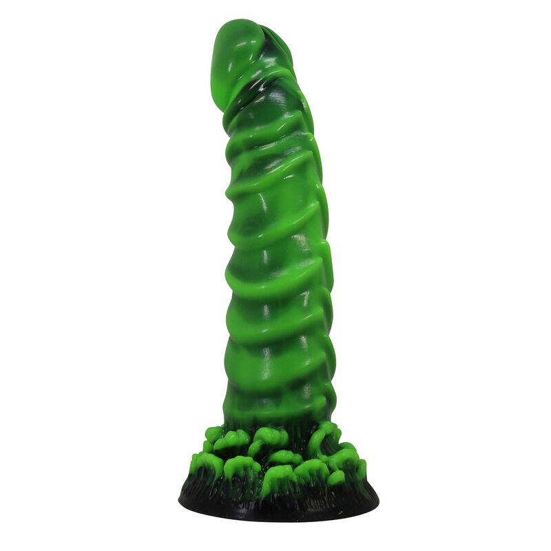 Gode fantasy Manticore 23 cm en silicone vert brillant à spirale, base ventouse noire