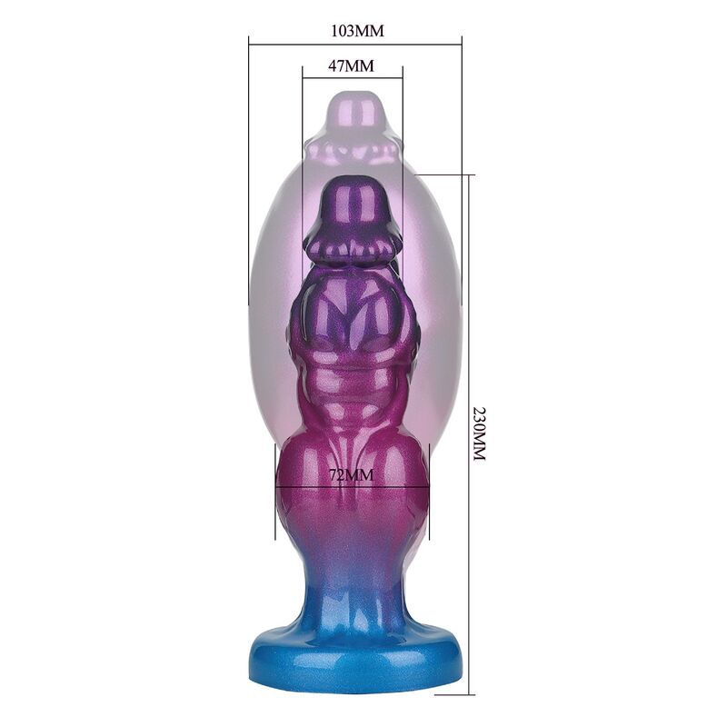 Gode gonflable Rift Titan en silicone violet et bleu, avec sa poire de gonflage noire