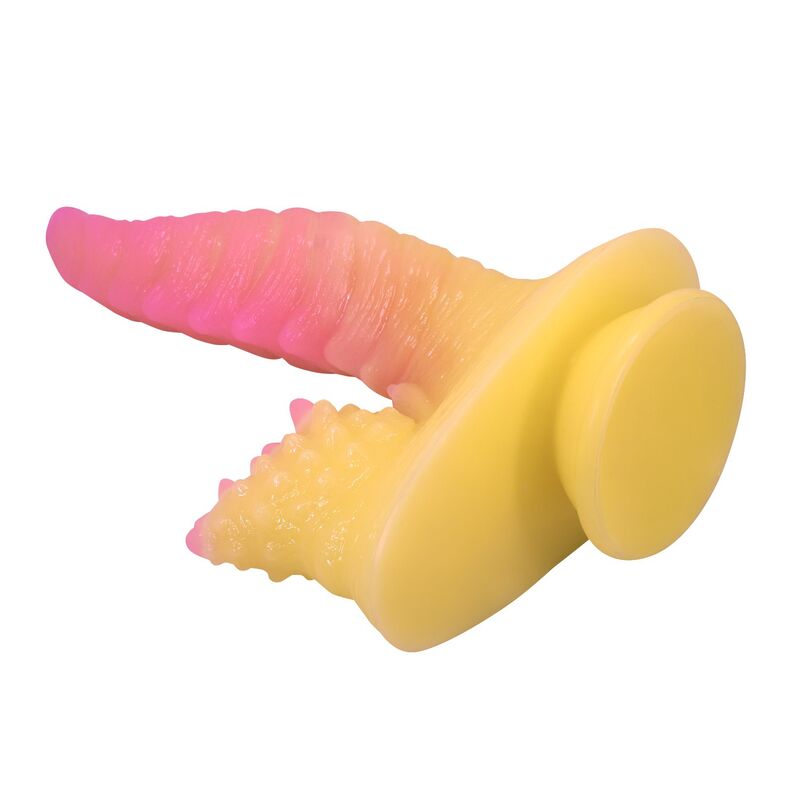 Gode monstre Flame Beast couché, socle jaune et ventouse ronde vus de côté