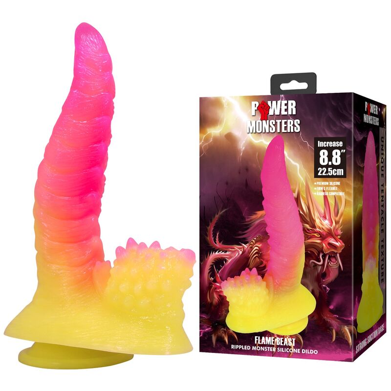 Gode monstre Flame Beast rose et jaune posé à côté de sa boîte Power Monsters