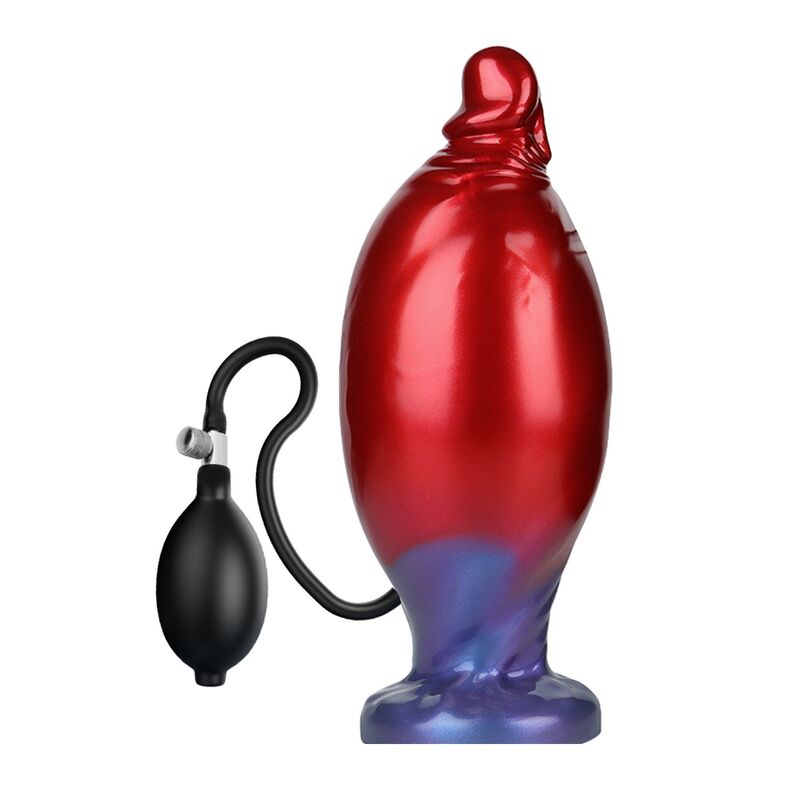 Plug gonflable Shadow Behemoth en silicone rouge et bleu, avec sa poire de gonflage