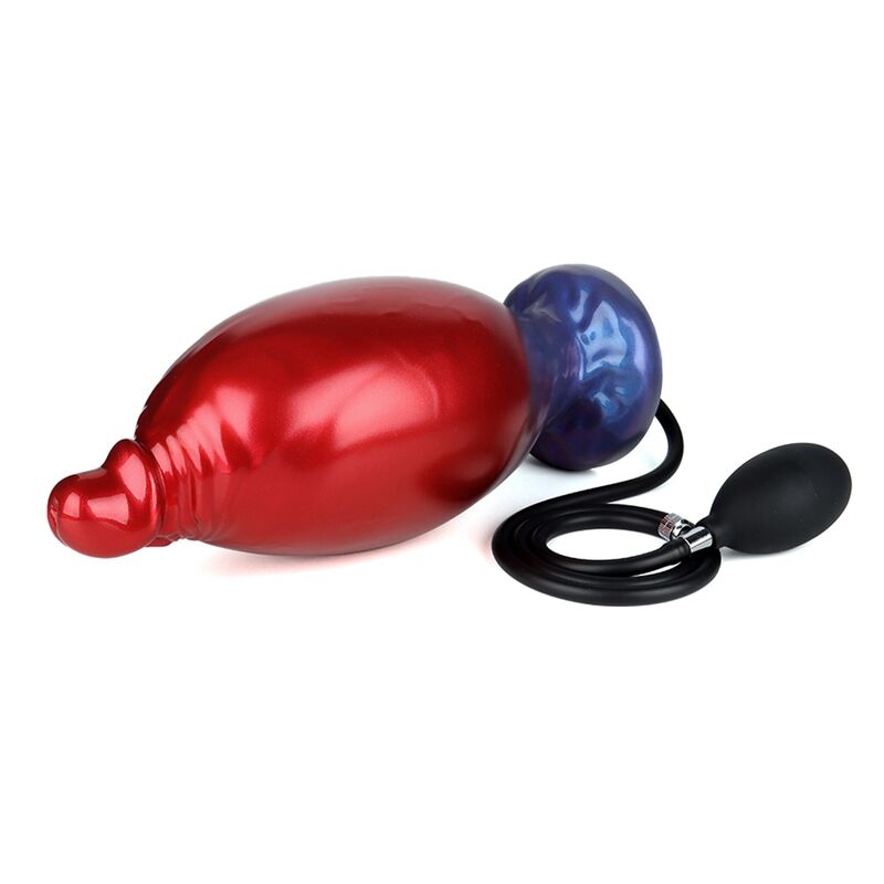 Plug gonflable Shadow Behemoth en silicone rouge et bleu, avec sa poire de gonflage