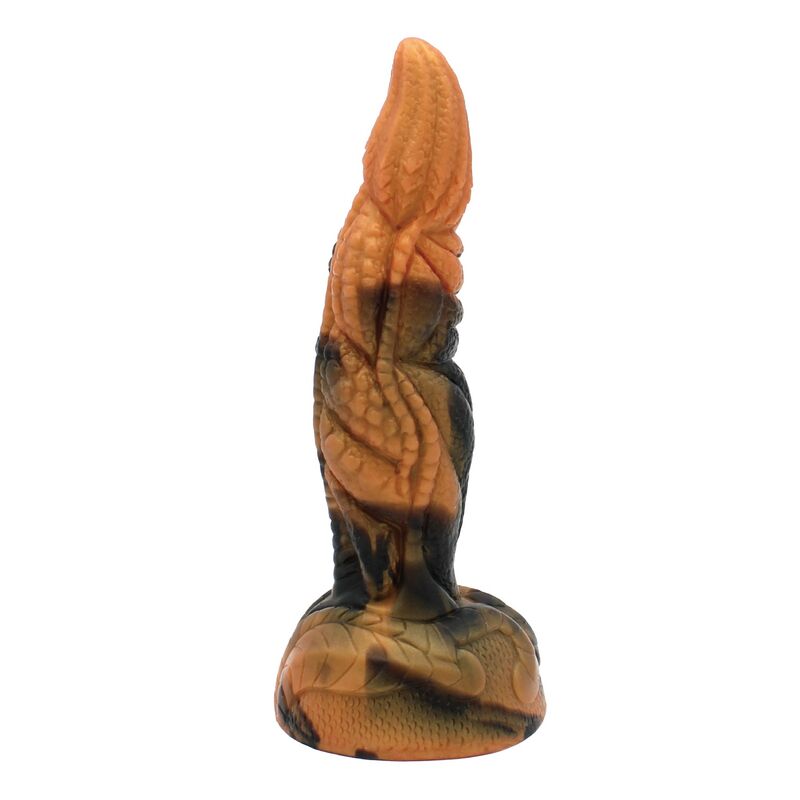 Tyrannosaurus dinosaur dildo in brown and black, three-quarter view