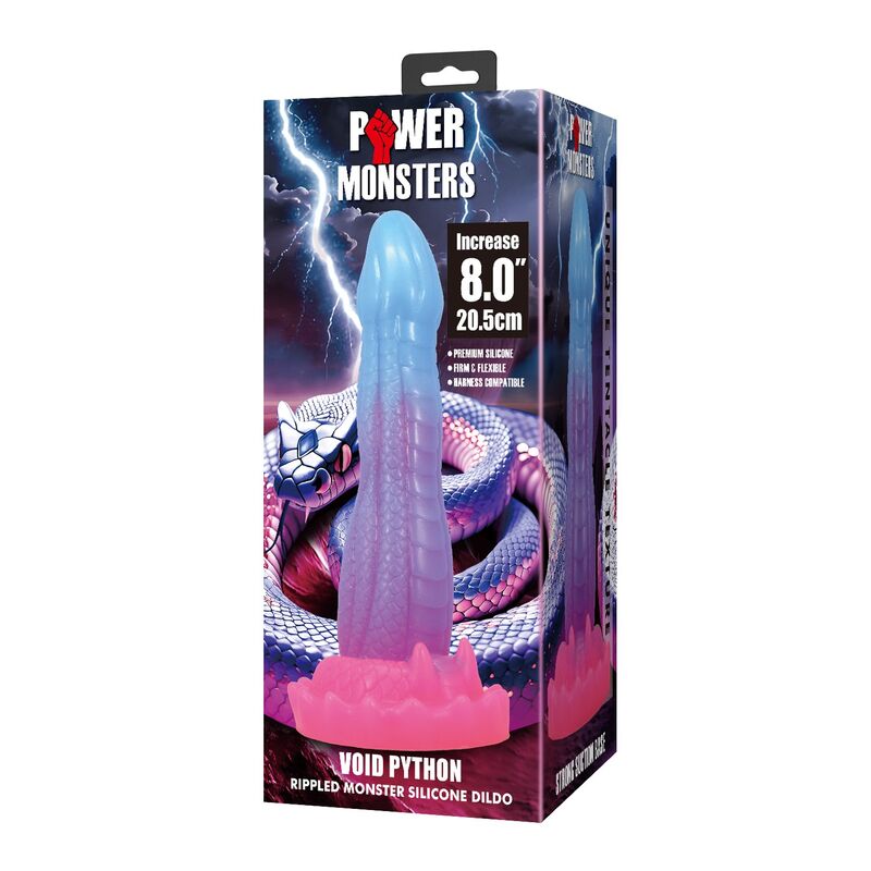Boîte Power Monsters Void Python et le gode debout sur sa base ventouse rose