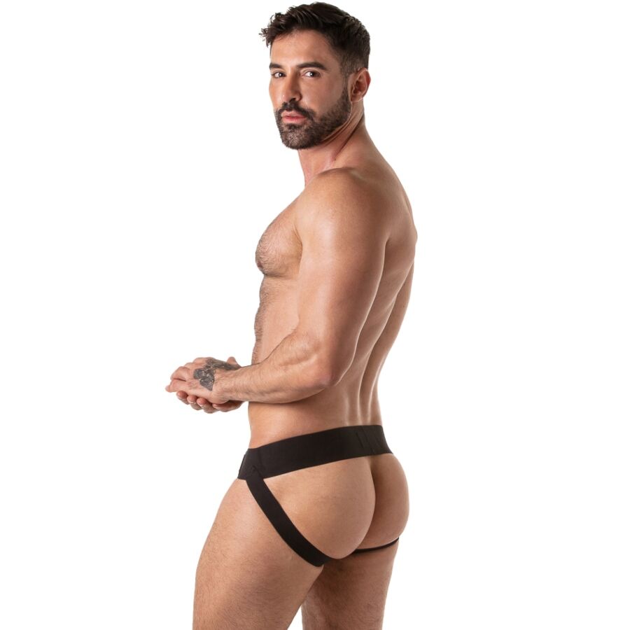 Vue arrière du jockstrap bleu Locker Gear avec dos ouvert et doubles sangles noires