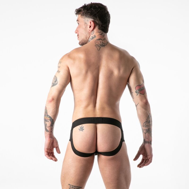 Vue de dos du slip-jockstrap Full Military Access, avec ceinture et bandes noires sous les fesses