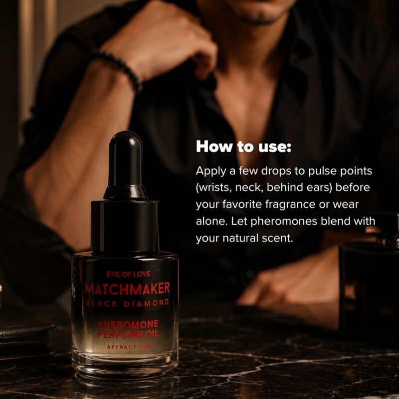Flacon Black Diamond devant un homme en chemise noire, avec des conseils d’application à la pipette
