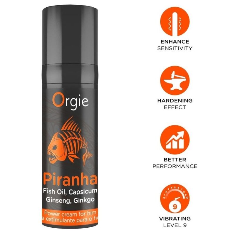 Crème Piranha ORGIE 15 ml avec pictogrammes de présentation