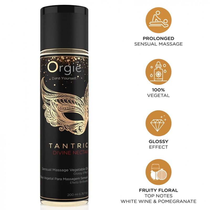 Flacon Divine Nectar ORGIE de 200 ml avec pictogrammes massage prolongé, huiles végétales, effet brillant et parfum vin blanc et grenade