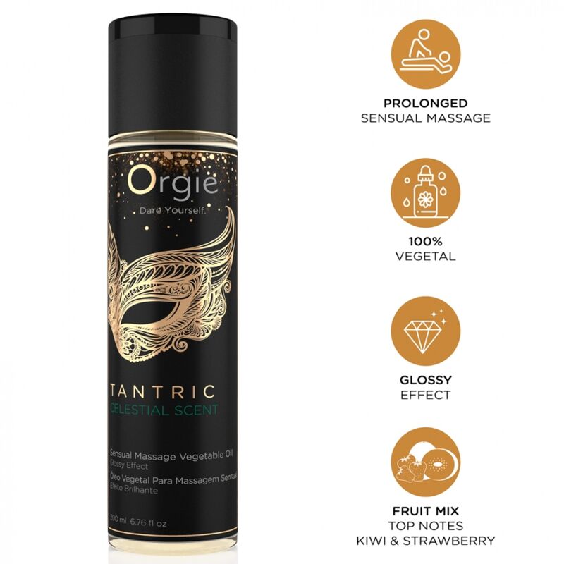 Flacon Celestial Scent ORGIE de 200 ml avec pictogrammes massage prolongé, huiles végétales, effet brillant et parfum kiwi et fraise