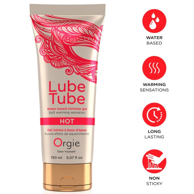 Tube Orgie Lube Tube Hot 150 ml avec pictogrammes effet chauffant, base eau et texture non collante
