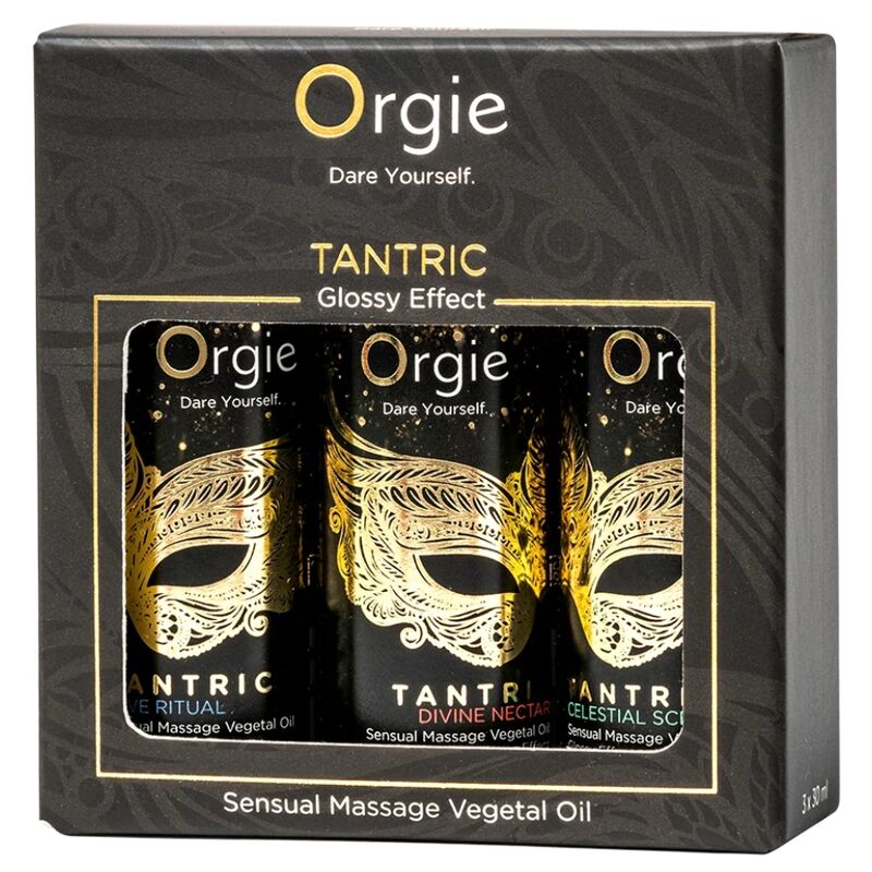 Coffret Tantric ORGIE noir et doré à fenêtre, avec les trois flacons Love Ritual, Divine Nectar et Celestial Scent