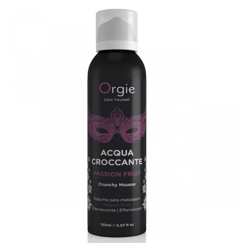 Flacon aérosol noir et rose Orgie Acqua Croccante Passion Fruit 150 ml, vu de face sur fond blanc