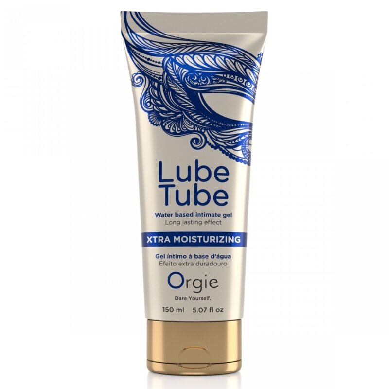 Tube Orgie Lube Tube Xtra Moisturizing 150 ml, décor bleu et bouchon doré, vu de face sur fond blanc