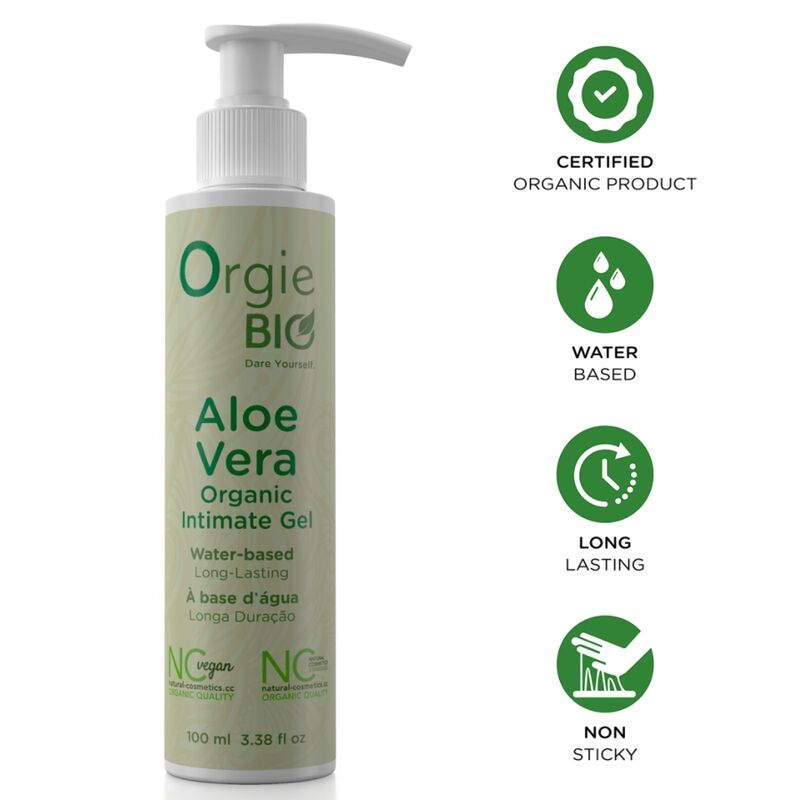 Flacon-pompe Orgie Bio Aloe Vera 100 ml avec pictogrammes de certification et de lubrification