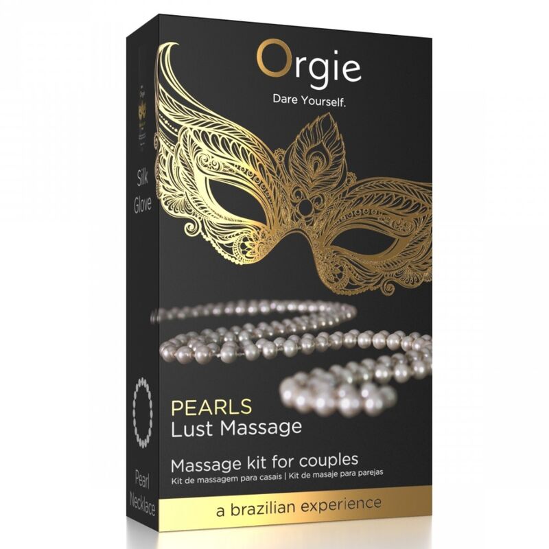 Boîte noire et dorée Pearls Lust Massage avec collier de perles illustré