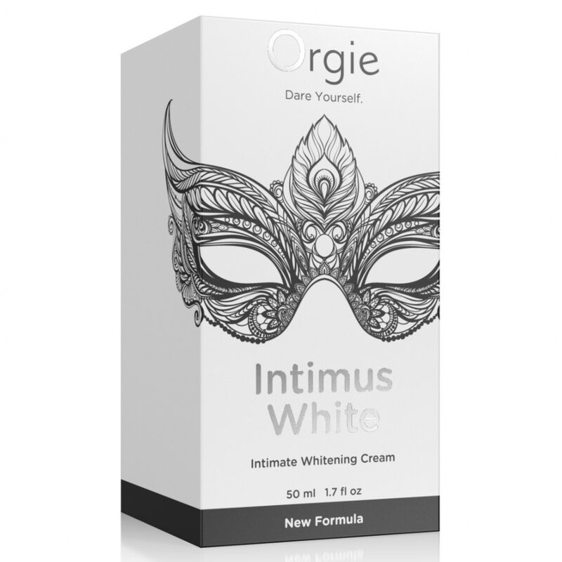 Boîte Orgie Intimus White 50 ml avec motif de masque noir